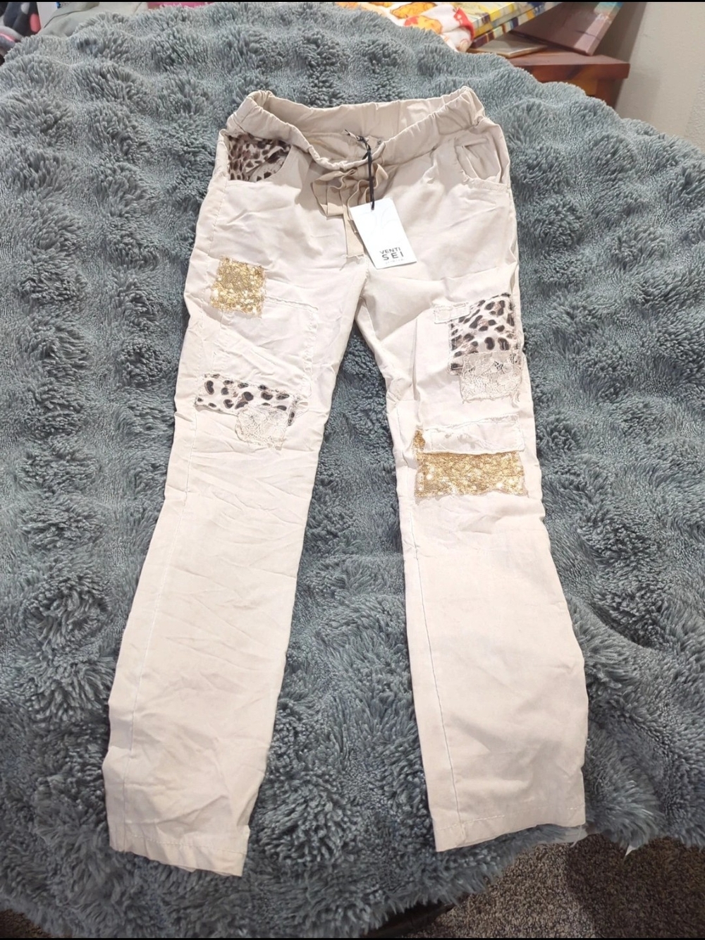 Women's Beige Patchwork Jogger Pants with Animal Print & Sequin Accents Size XS
